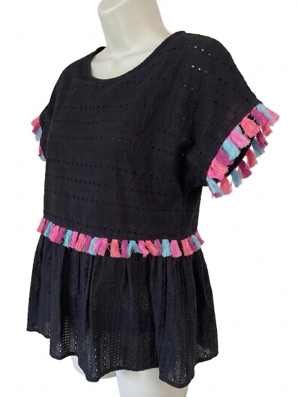 Andree by Unit Black Eyelet Lace Babydoll Top Multi Color Fringe Size S NWT